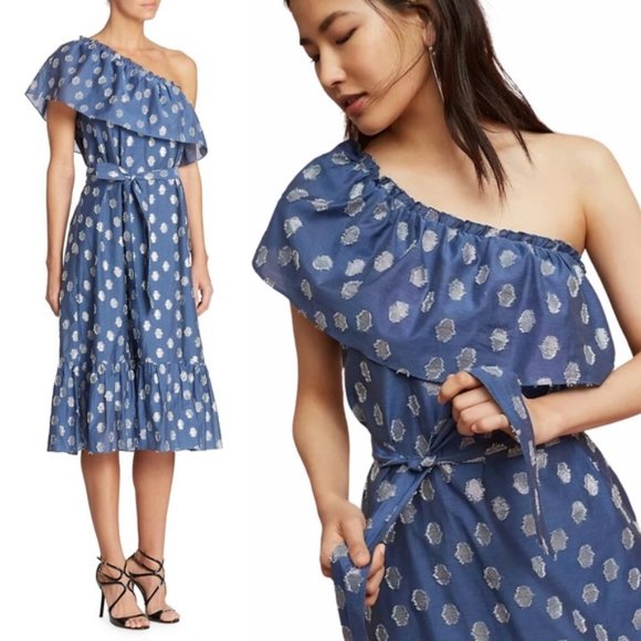 Shoshanna Mykonos One Shoulder Clip Dot Midi Dress - Picture 2 of 7